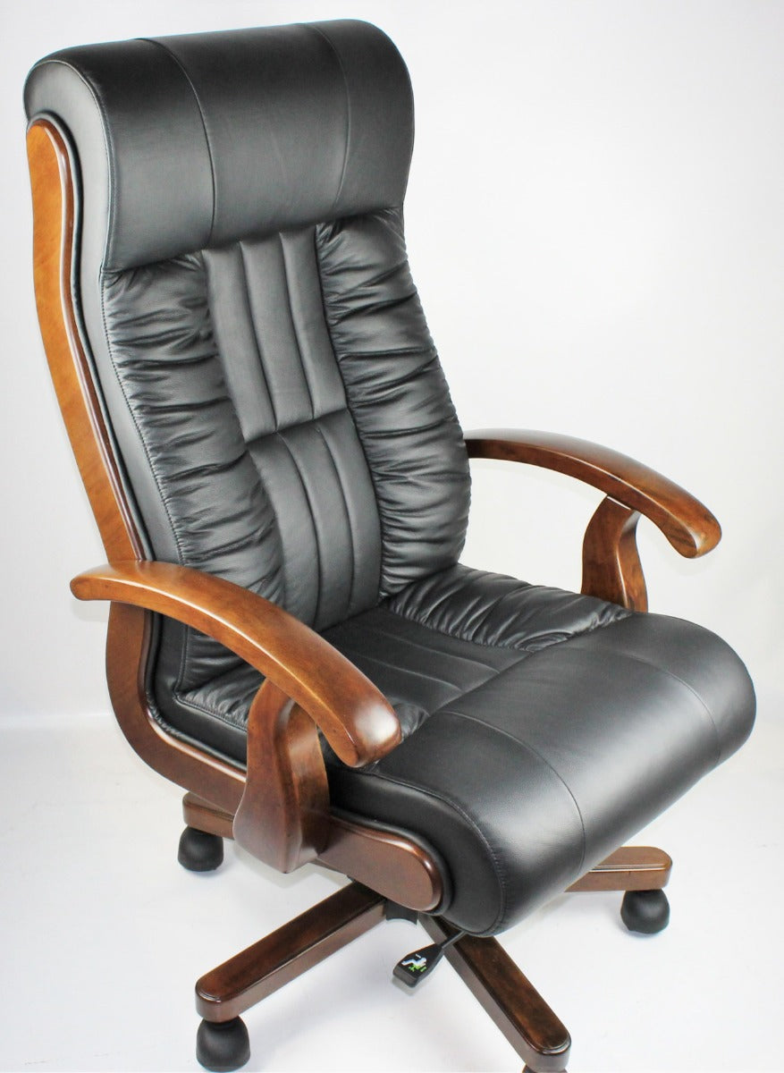Executive Black Leather Office Chair with Walnut Arms - F01A